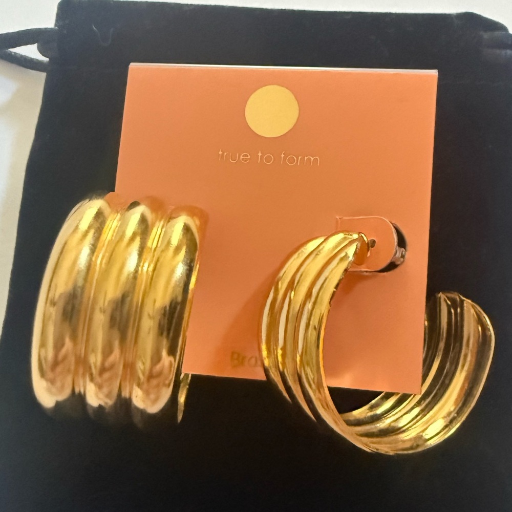 Vintage Gold Tone Chunky Triple Band Hoop Earrings,Statement Piece, Wide Cuffs